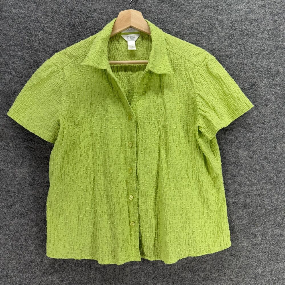 Christopher & Banks Shirt Women PM Petite Green Button Up Collared Short Sleeve